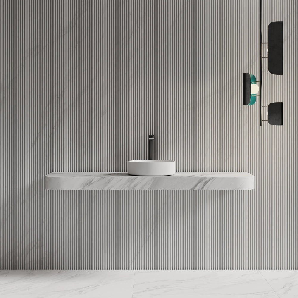 White round solid surface bathroom sink front view