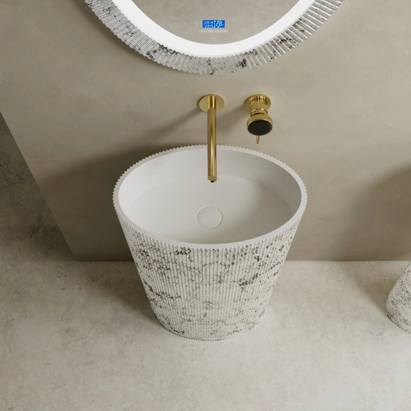 Luxury solid surface pedestal sink with silver finish fluted design MonBlari bathroom sink