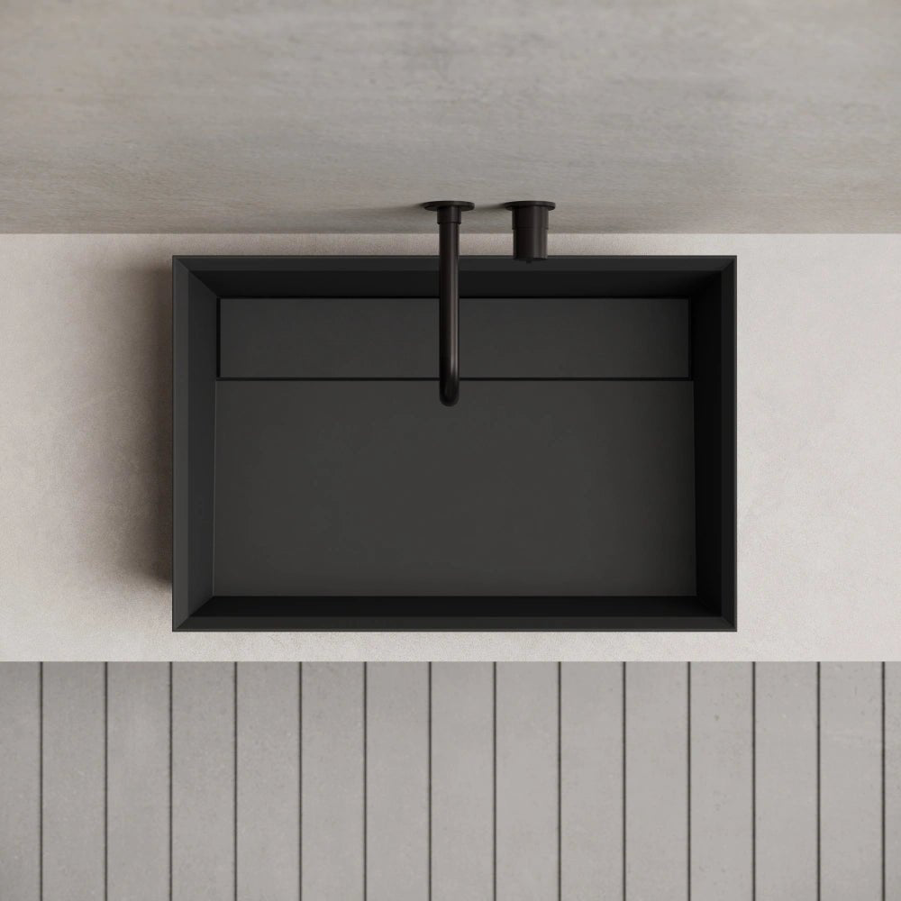 Matte black rectangular solid surface bathroom vessel sink