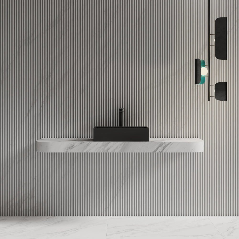 black washbasin with clean rectangular form designed for modern bathroom front view