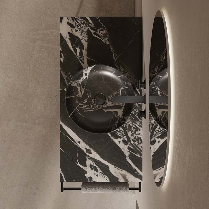 MonBlari black marble bathroom console sink with metal frame and towel bar