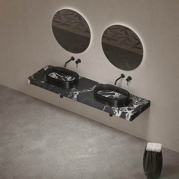 Bulgari black marble bathroom vessel sink with transparent acrylic detail