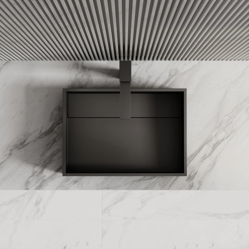 Modern black rectangle countertop sink for bathroom vanity with sleek stone finish