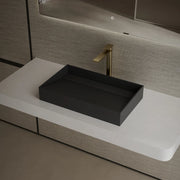 Elegant black rectangular bathroom sink basin side top view close-up