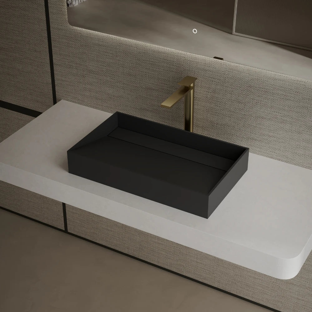 Elegant black rectangular bathroom sink basin side top view close-up