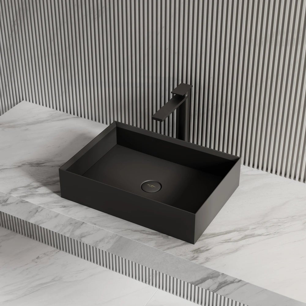 Modern black solid surface rectangular countertop sink designed for bathroom