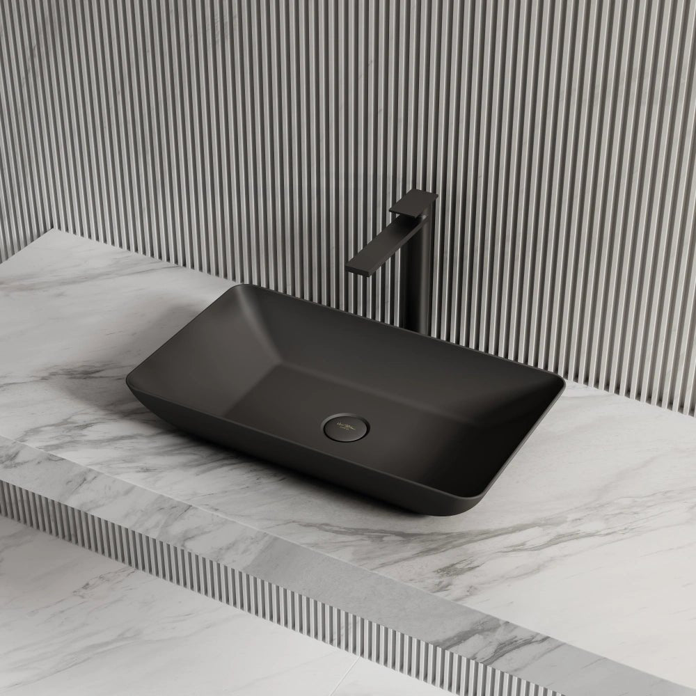 Minimalist black vessel basin with rectangular design for bathroom