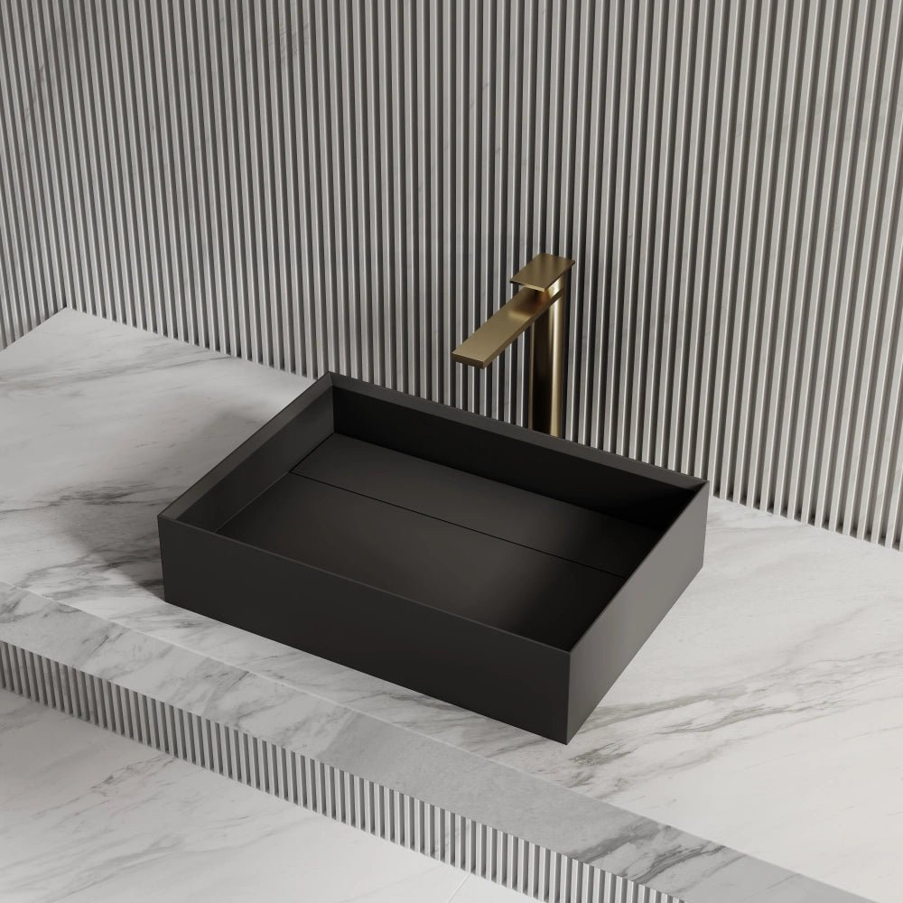 Black rectangular sink with solid surface for modern bathroom