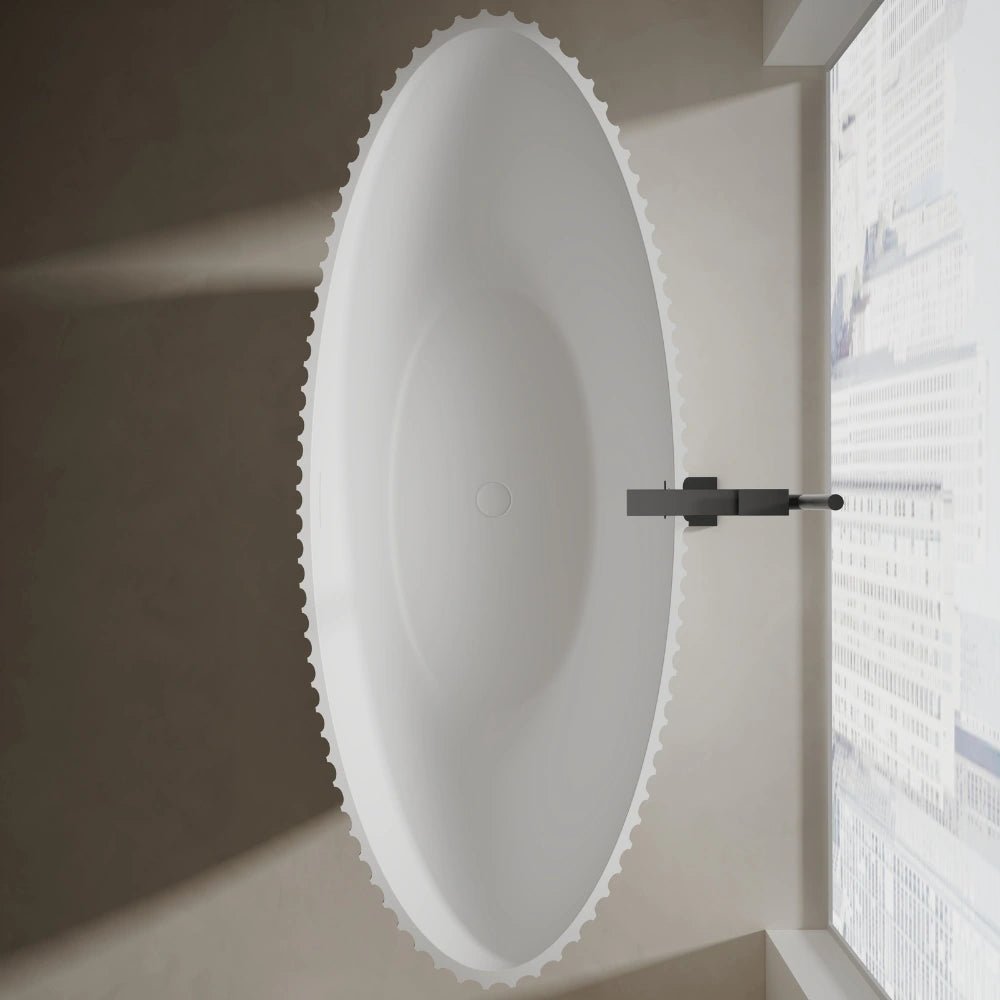 boat-shaped soaking tub with symmetrical raised backrests on both ends