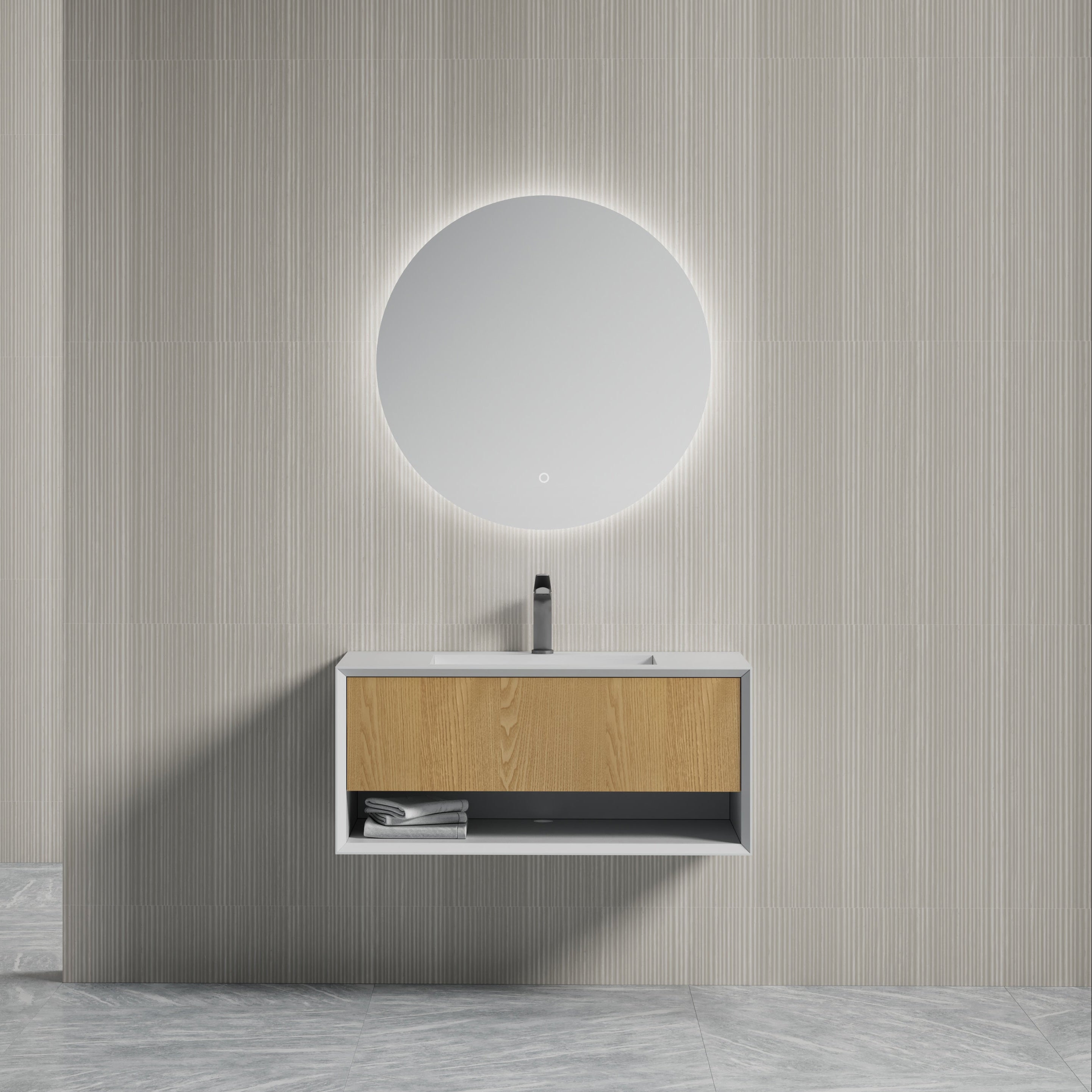 MonBlari Solid Surface Vanity With Mirror TW-2500-BACK TO WALL-FrontView