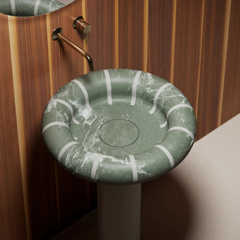 MonBlari CIRCUS Series circular carved green marble bathroom pedestal sink