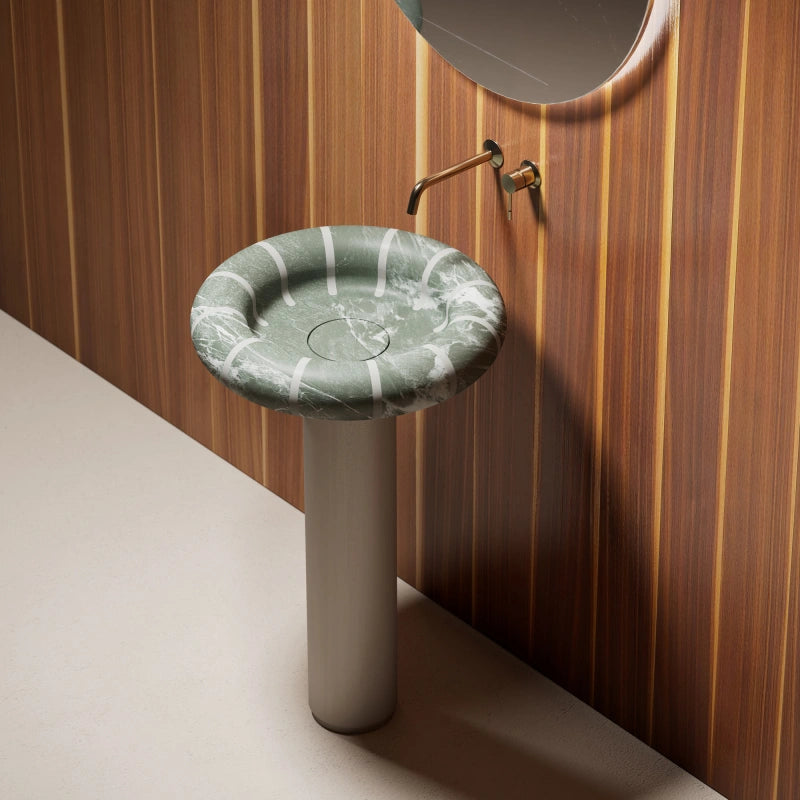 MonBlari CIRCUS Series green marble pedestal sink with white rim