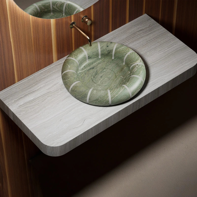 MonBlari CIRCUS Series green marble sculptural vessel sink with white stripes