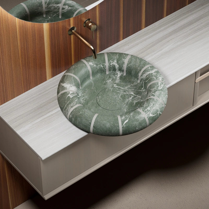 Contemporary bathroom vanity with green marble vessel sink