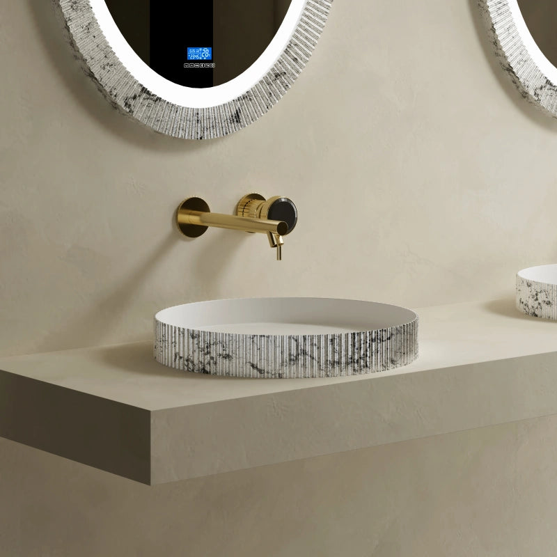 Modern countertop vessel sink with sculptural fluted solid surface design