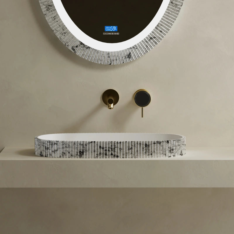 Silver leaf vessel sink fluted solid surface bathroom basin