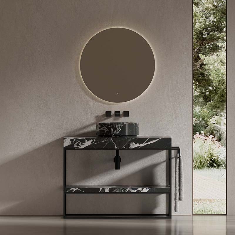MonBlari dark veined marble basin with geometric metal base and open shelf