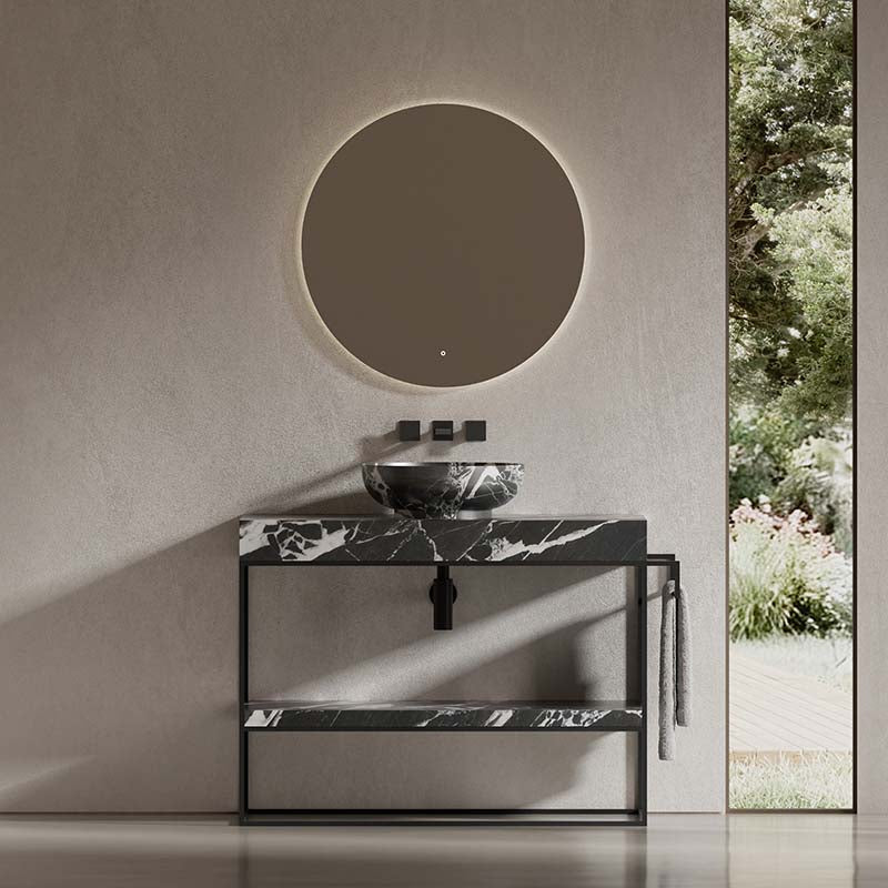 MonBlari dark veined marble wash basin with open storage shelf