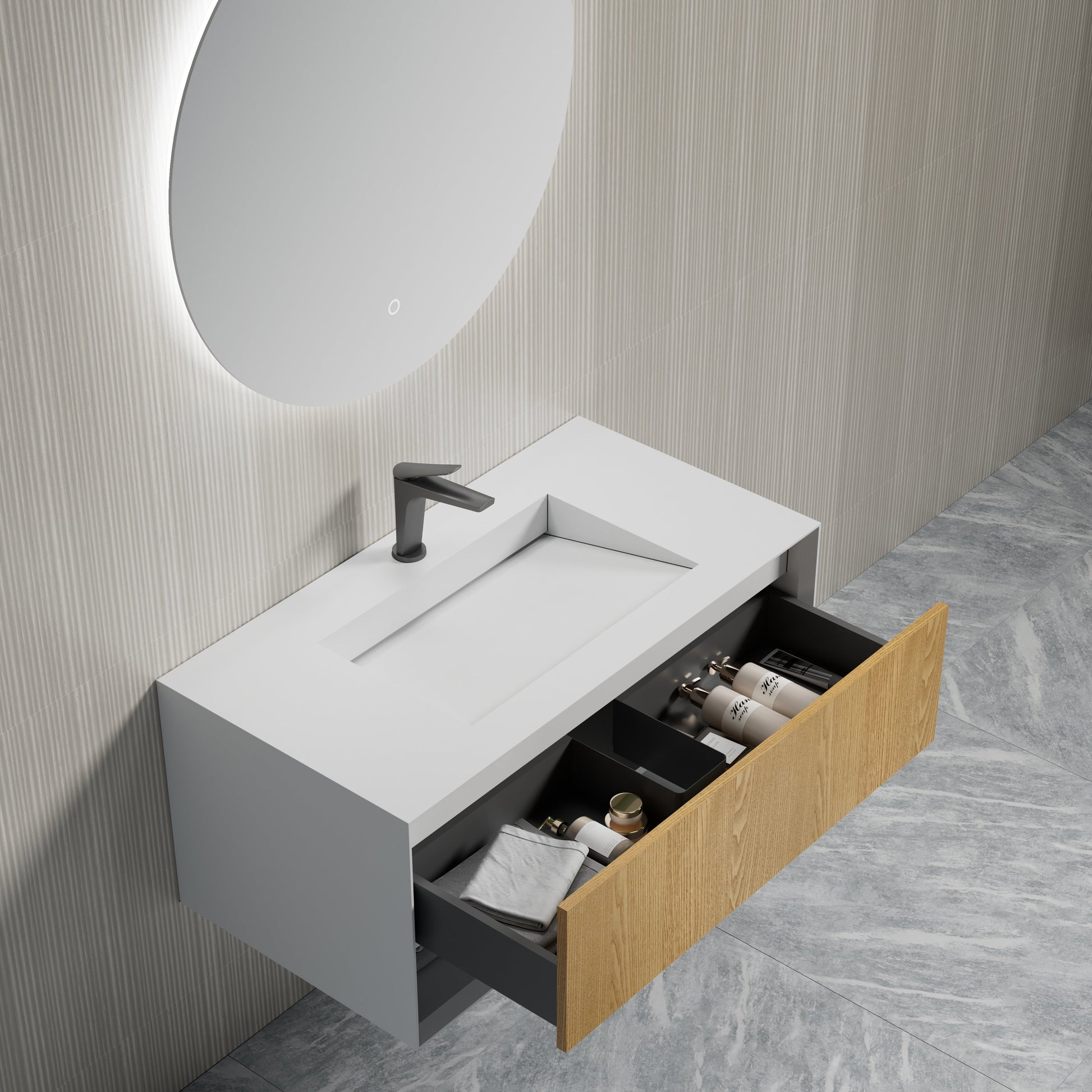 MonBlari Solid Surface Vanity With Mirror TW-2500-BACK TO WALL-SideTopCloseup