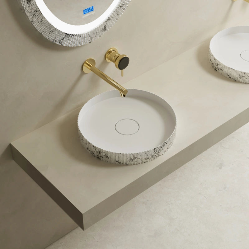 Luxury solid surface vessel basin with textured fluted exterior for contemporary bathroom