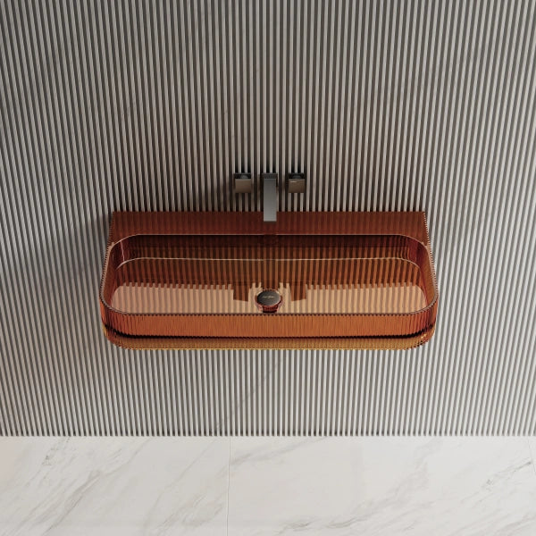 MonBlari fluted resin bathroom sink with sculptural translucent amber finish