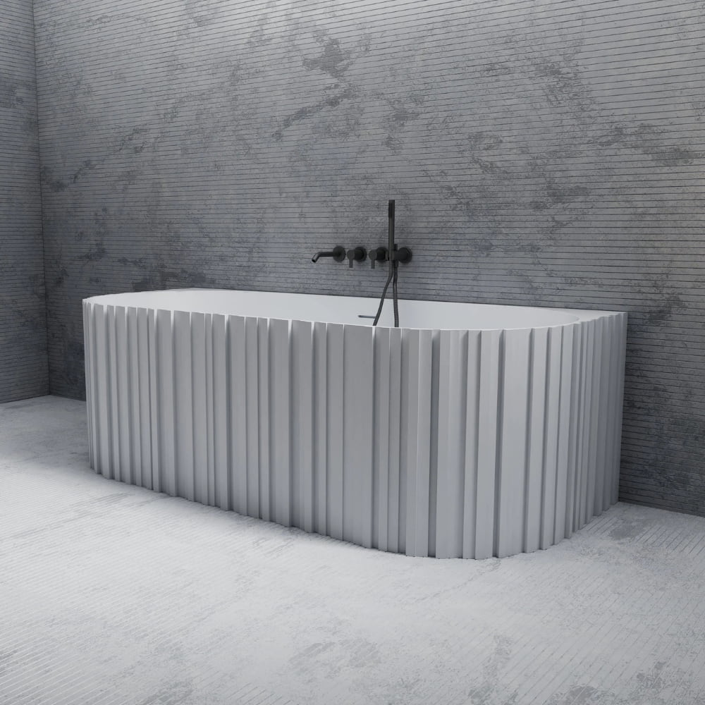white solid surface bathtub with vertical groove detailing