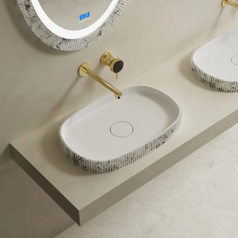 Modern solid surface bathroom vessel sink with fluted design
