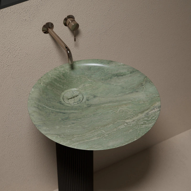 Green marble sculptural pedestal sink for modern bathroom