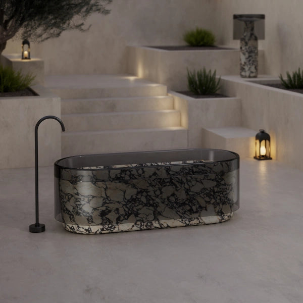 BvIgari Purple sculptural marble bathtub with transparent acrylic detail