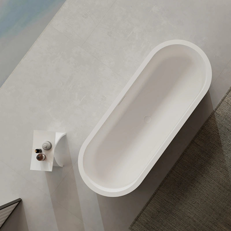 Contemporary deep soaking solid surface bathtub with integrated drain