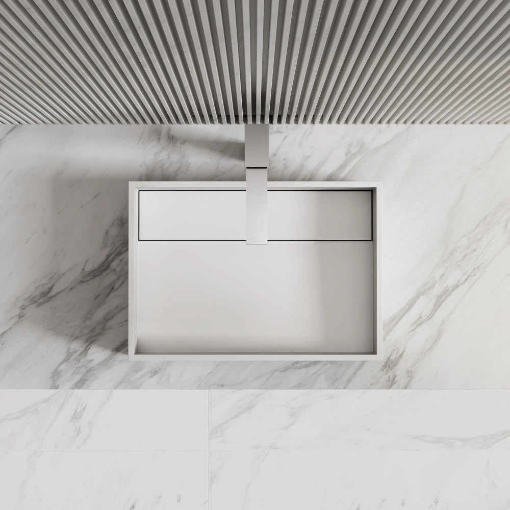 Modern white rectangular stone vessel sink with smooth matte finish for bathroom