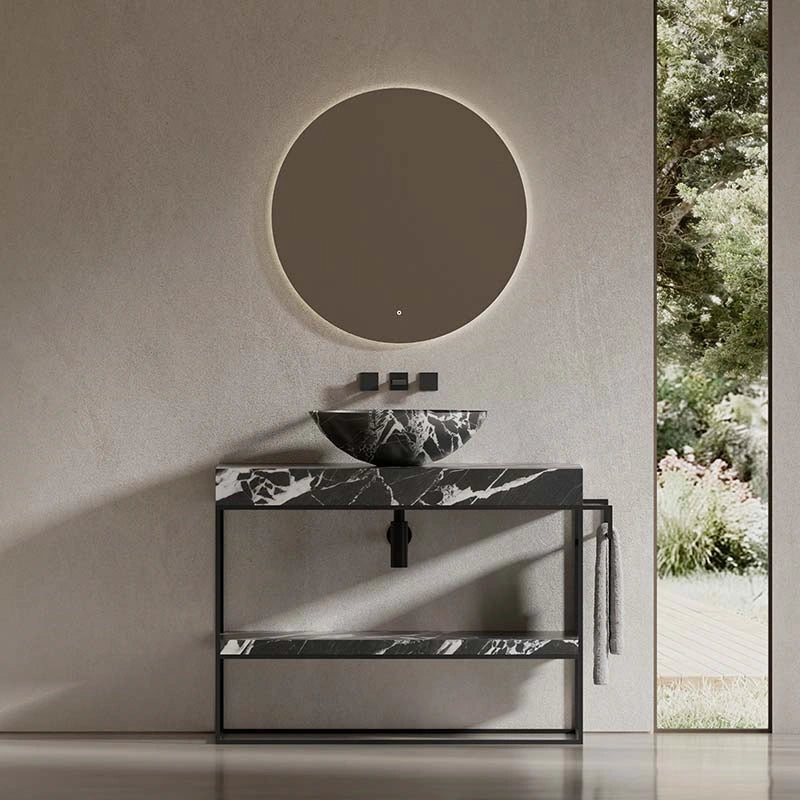 MonBlari marble bathroom washstand with vessel sink, towel rail and storage shelf