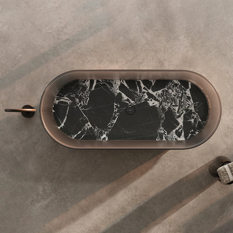MonBlari veined black marble soaking bathtub with clear acrylic