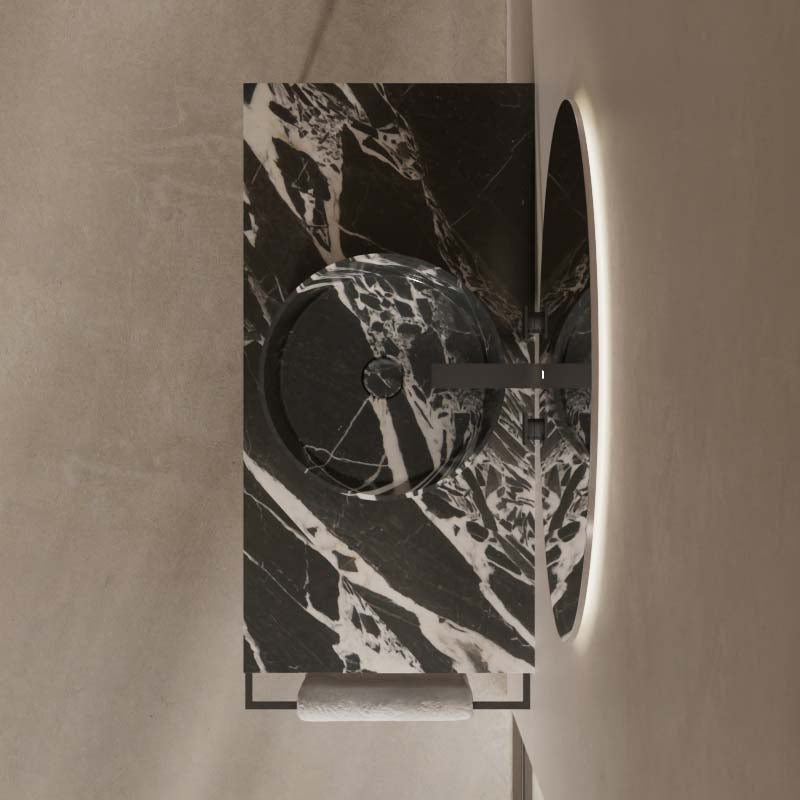 MonBlari natural marble wash sink with accessible stainless steel storage rack
