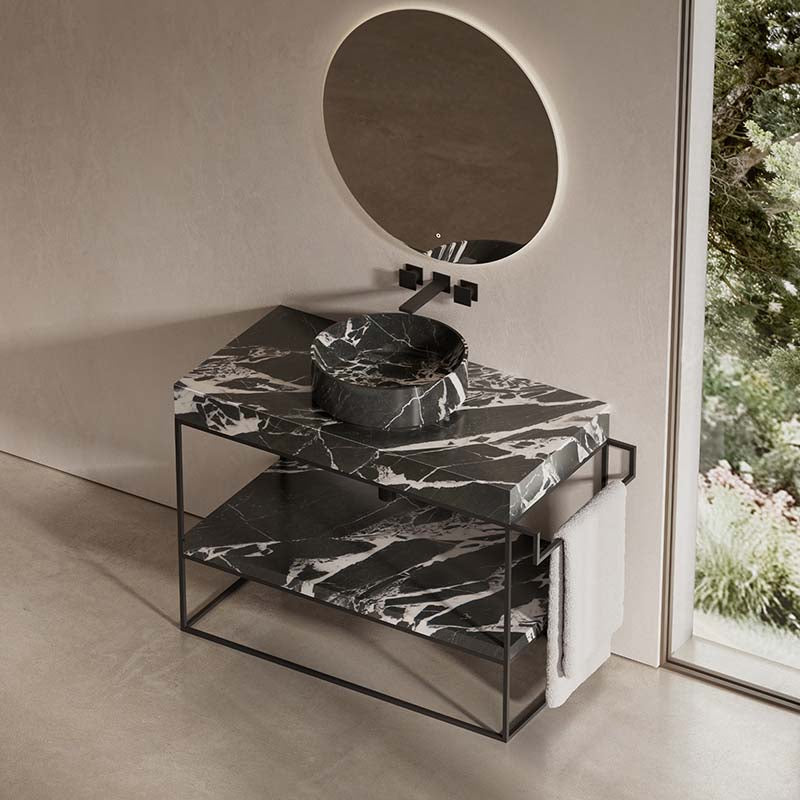 MonBlari black marble bathroom sink with open stainless steel storage shelf