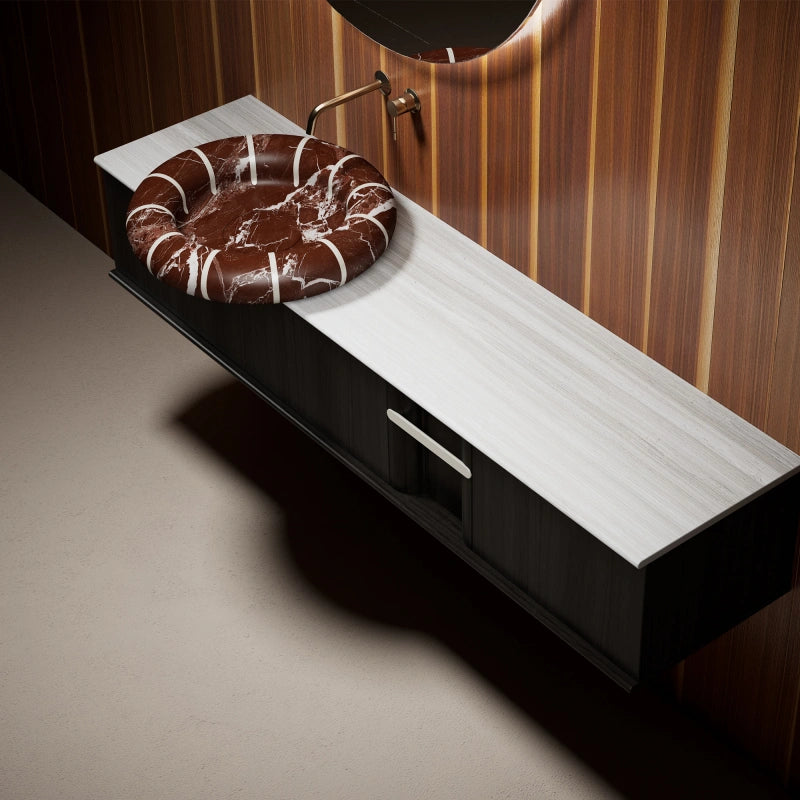 Rosso Levanto marble sculptural vessel sink with contemporary vanity cabinet