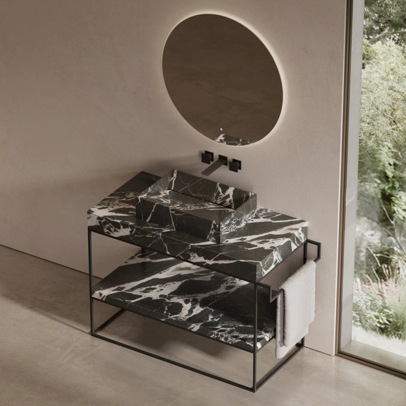 MonBlari marble vessel sink with open stainless steel frame