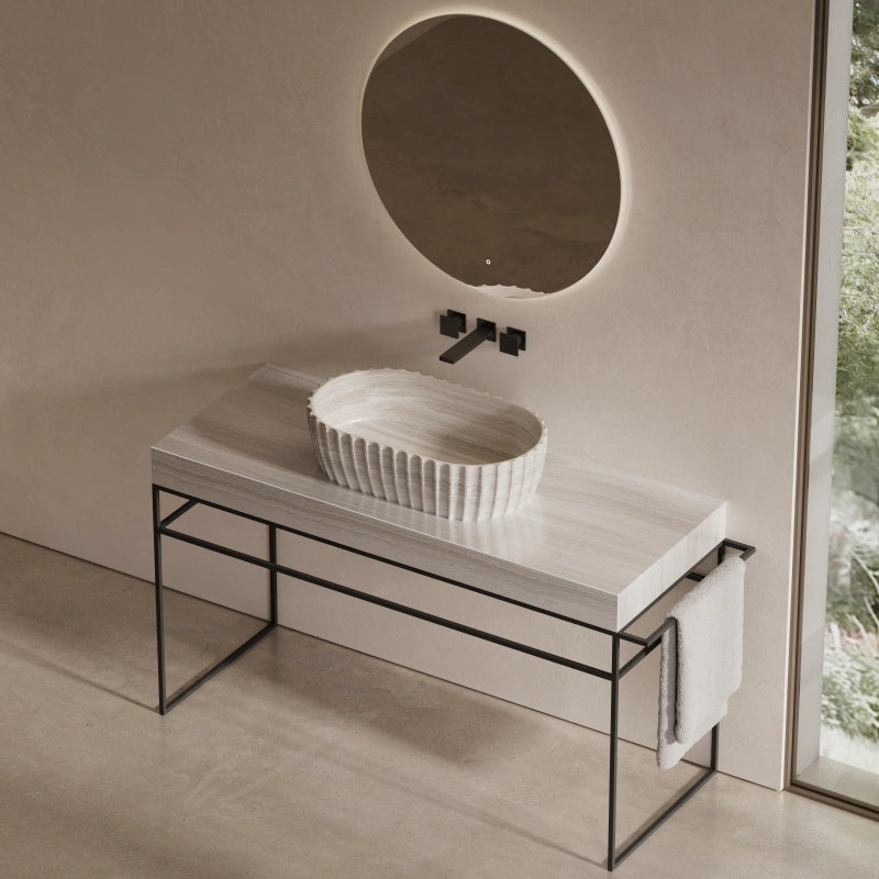 MonBlari marble wash basin with open steel storage rack and side towel bar