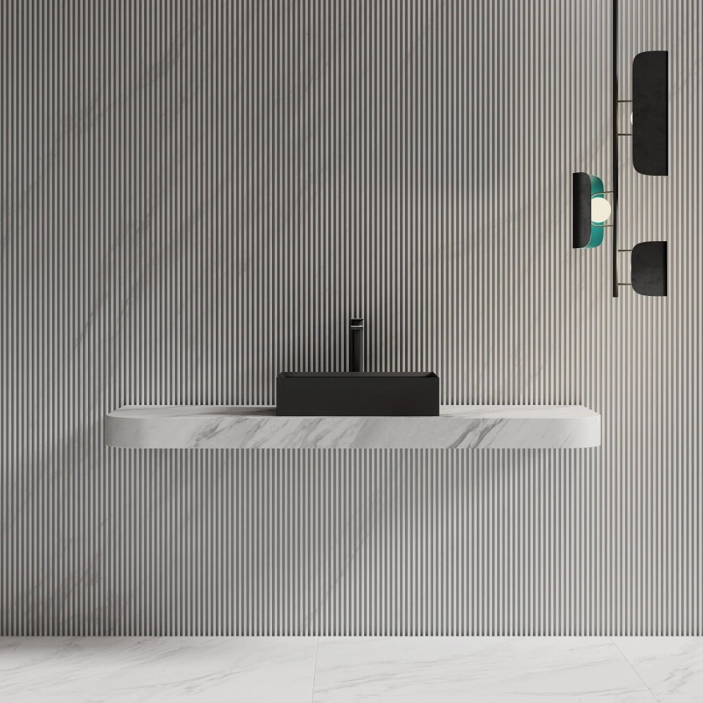 Matte black solid surface bathroom sink with rectangular design