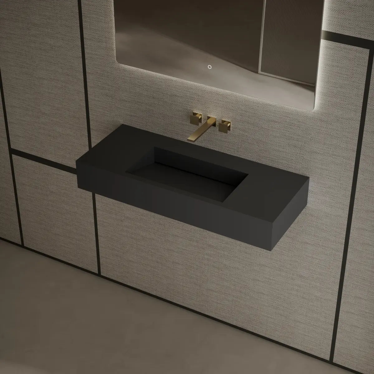 Modern black rectangular wall mount bathroom sink with solid surface design