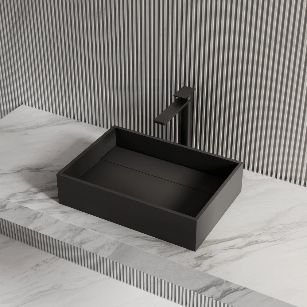 Matte black rectangular washbowl designed for modern bathroom with smooth solid surface