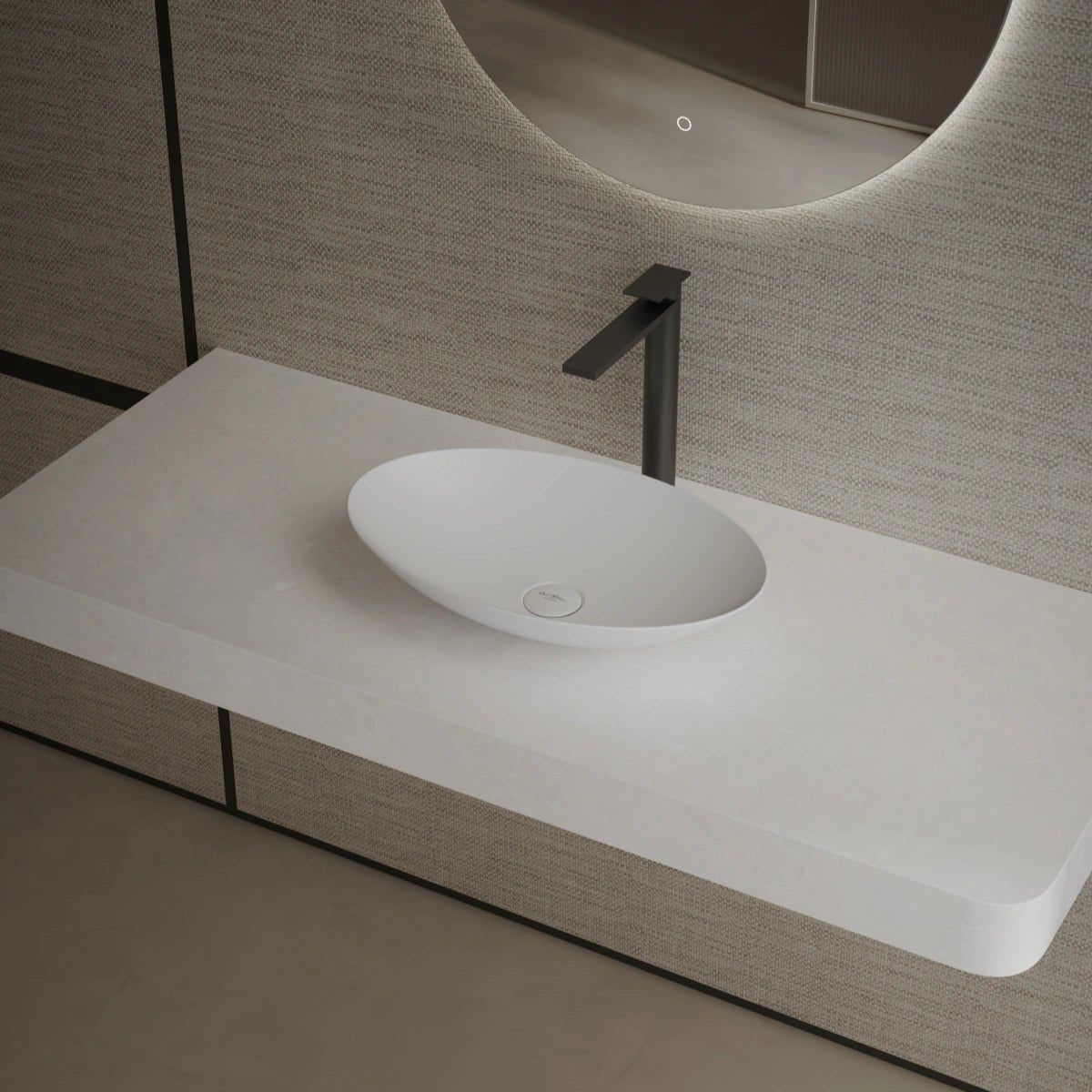 White solid surface countertop basin side top view close-up