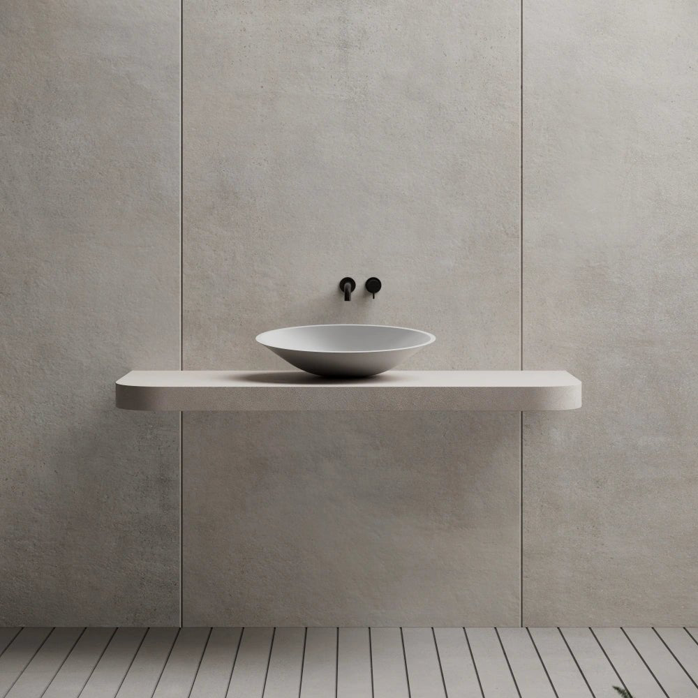 White oval vessel sink for bathroom vanity, modern solid surface countertop basin