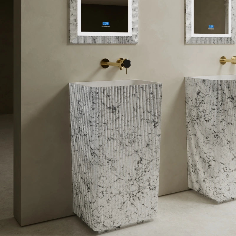 White stone resin pedestal sink with seamless matte finish for contemporary bathroom