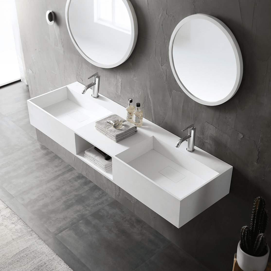 Minimalist wall mount sink bathroom basin side top view close-up