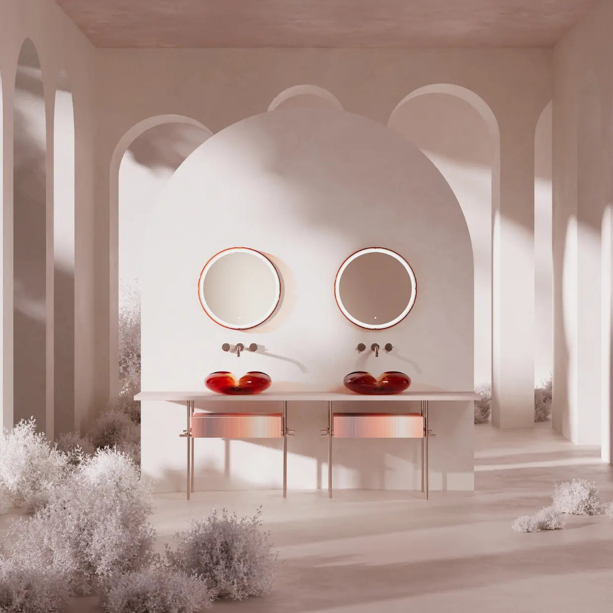 FLOWER Series modern bathroom vanity with two countertop vessel sinks