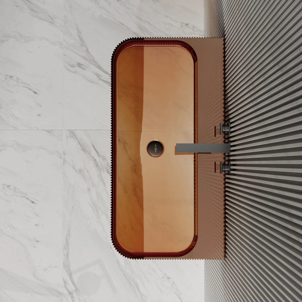 Modern translucent amber resin floating sink with vertical fluted texture