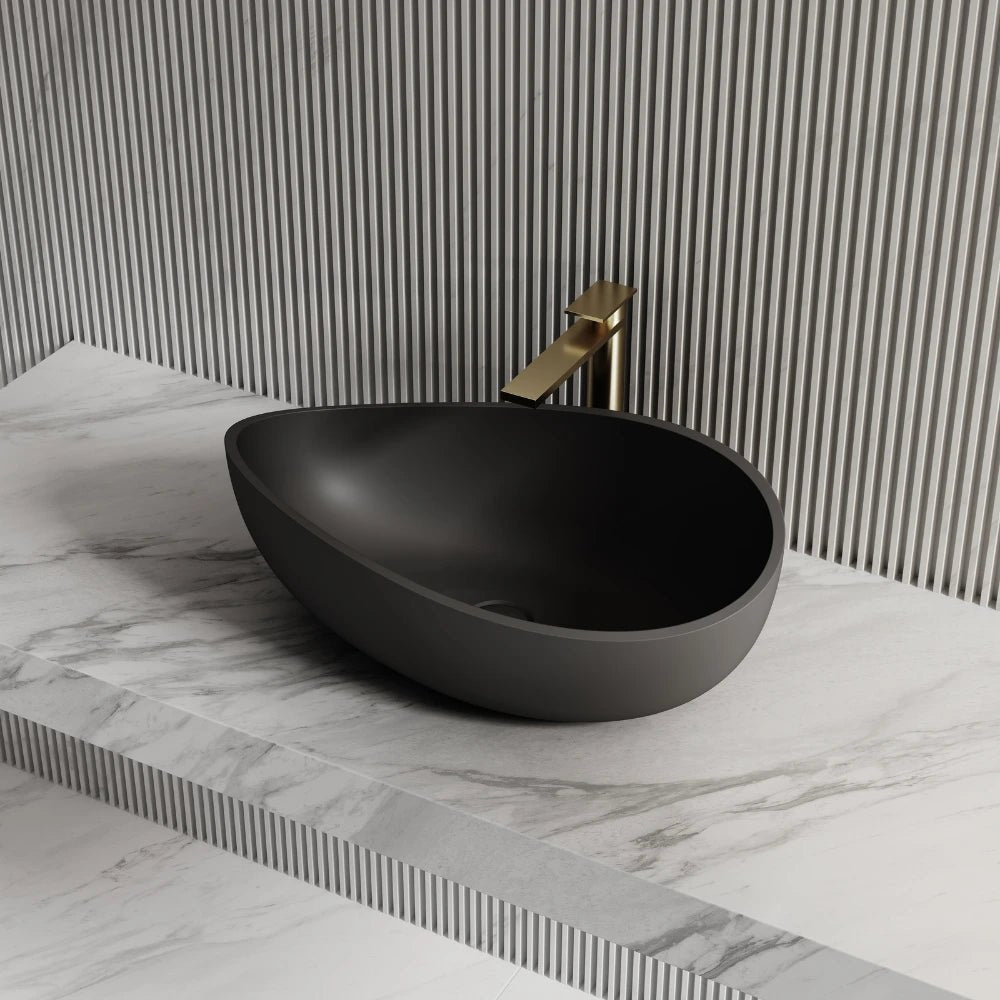 Balck modern bathroom vessel sink with elegant solid surface finish