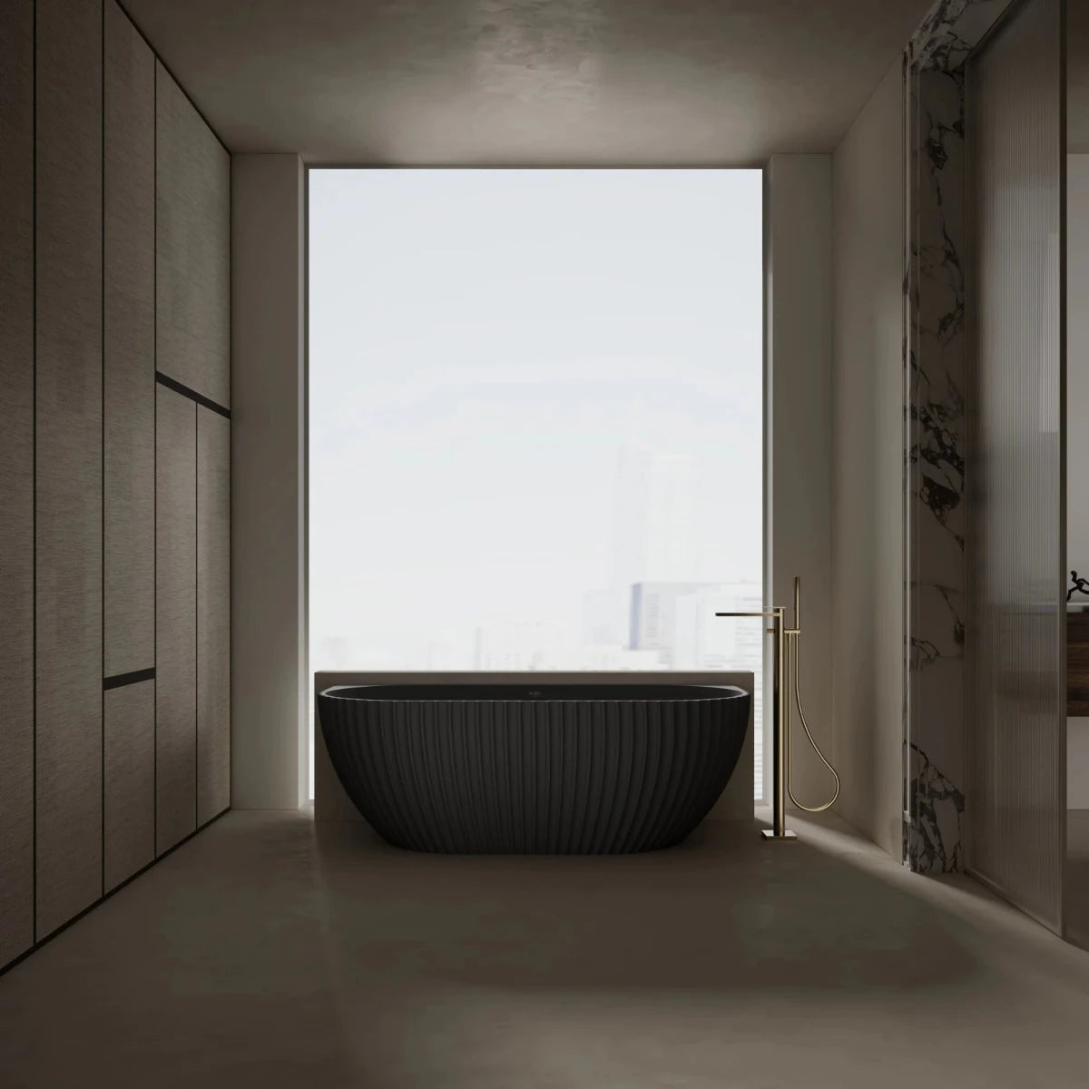contemporary oval bathtub with fluted detailing and streamlined silhouette
