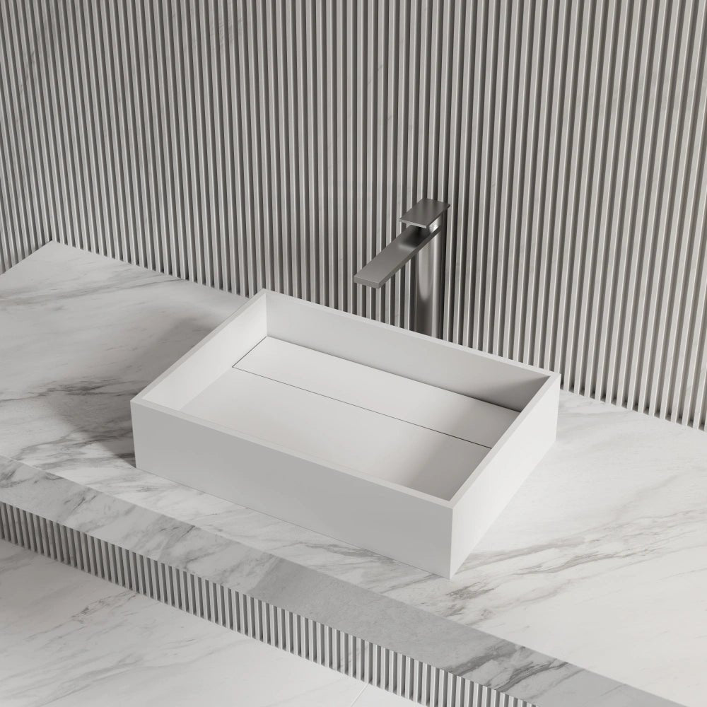Luxury rectangular countertop wash basin crafted with solid stone-inspired surface